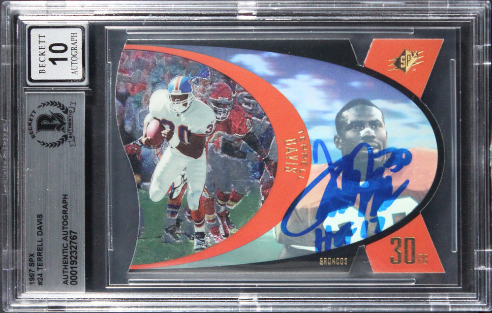 Broncos Terrell Davis "HOF 17" Signed 1997 SPX #24 Card Auto Grade 10! BAS Slab