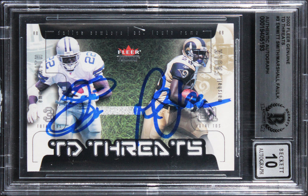 Emmitt Smith & Marshall Faulk Signed 2002 Fleer Genuine #3 Card Auto 10 BAS Slab