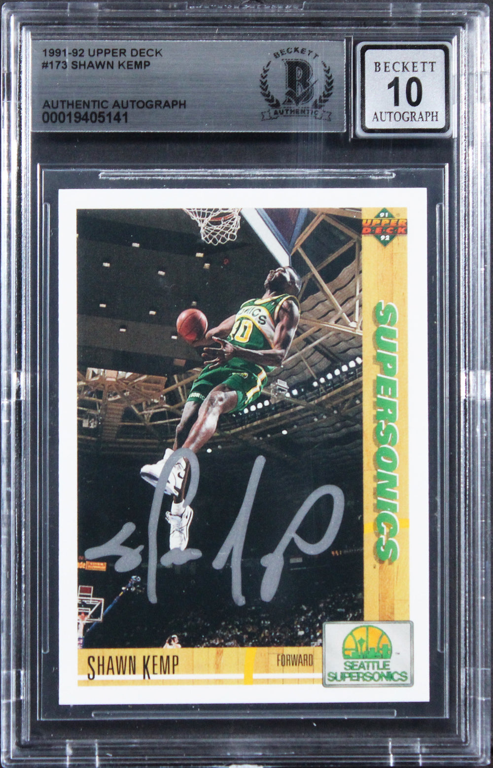 Sonics Shawn Kemp Signed 1991 Upper Deck #173 Card Auto Grade 10! BAS Slabbed