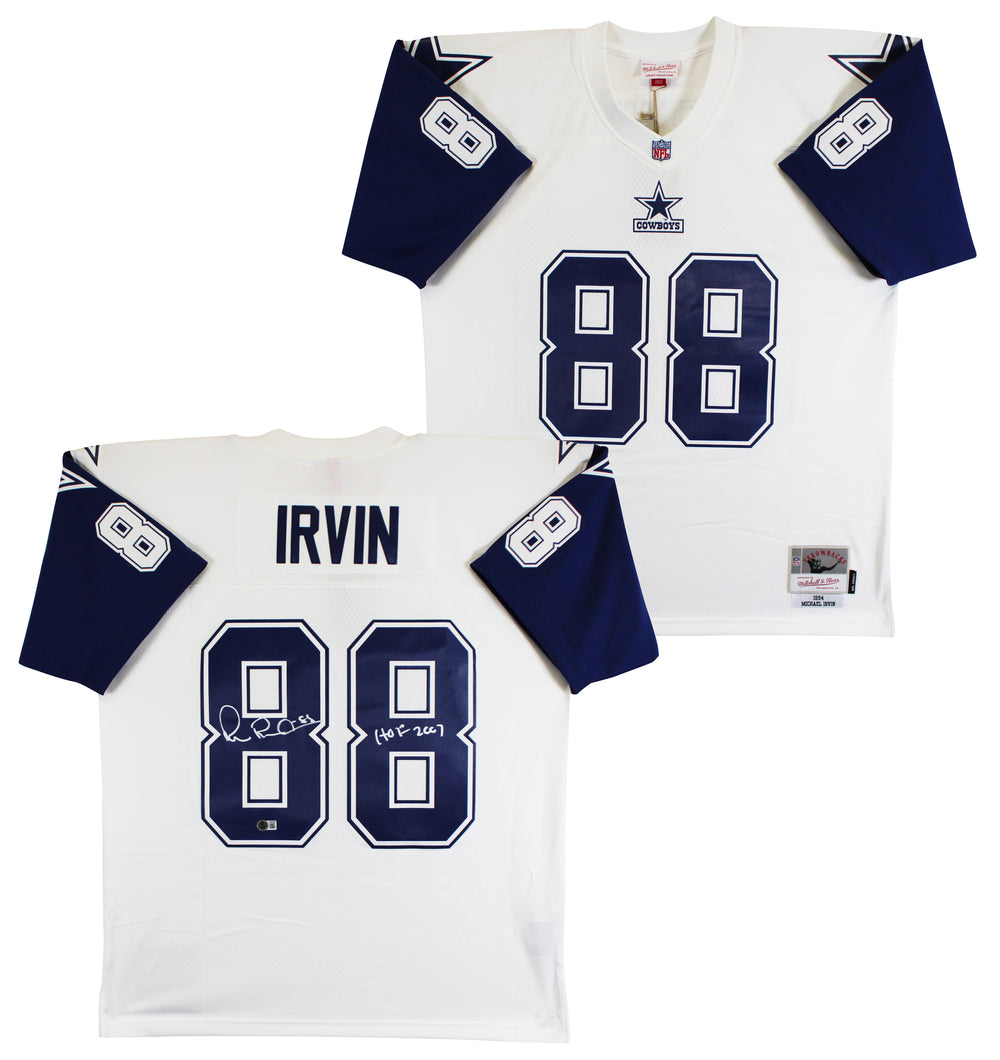 Cowboys Michael Irvin "HOF 2007" Signed White Thanksgiving M&N Jersey BAS Wit