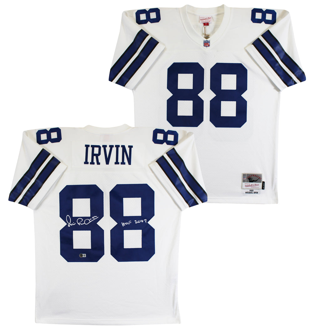 Cowboys Michael Irvin "HOF 2007" Signed White Mitchell & Ness Jersey BAS Witness