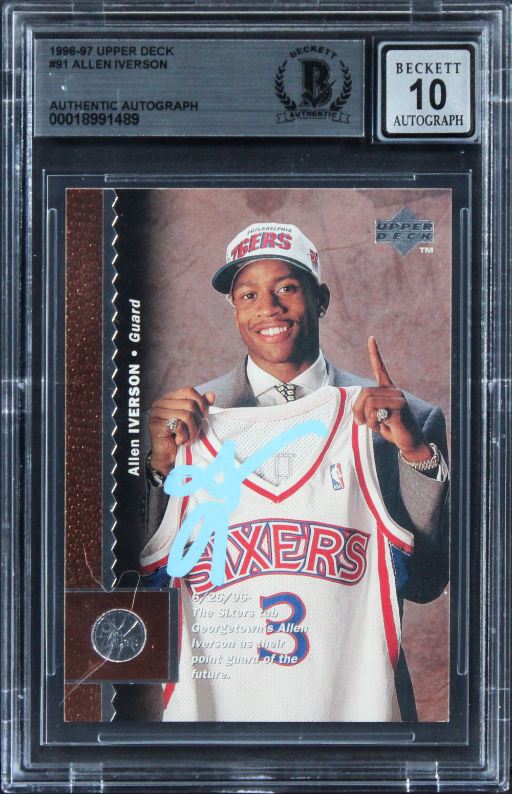 76ers Allen Iverson Signed 1996 Upper Deck #91 Rookie Card Auto 10! BAS Slabbed