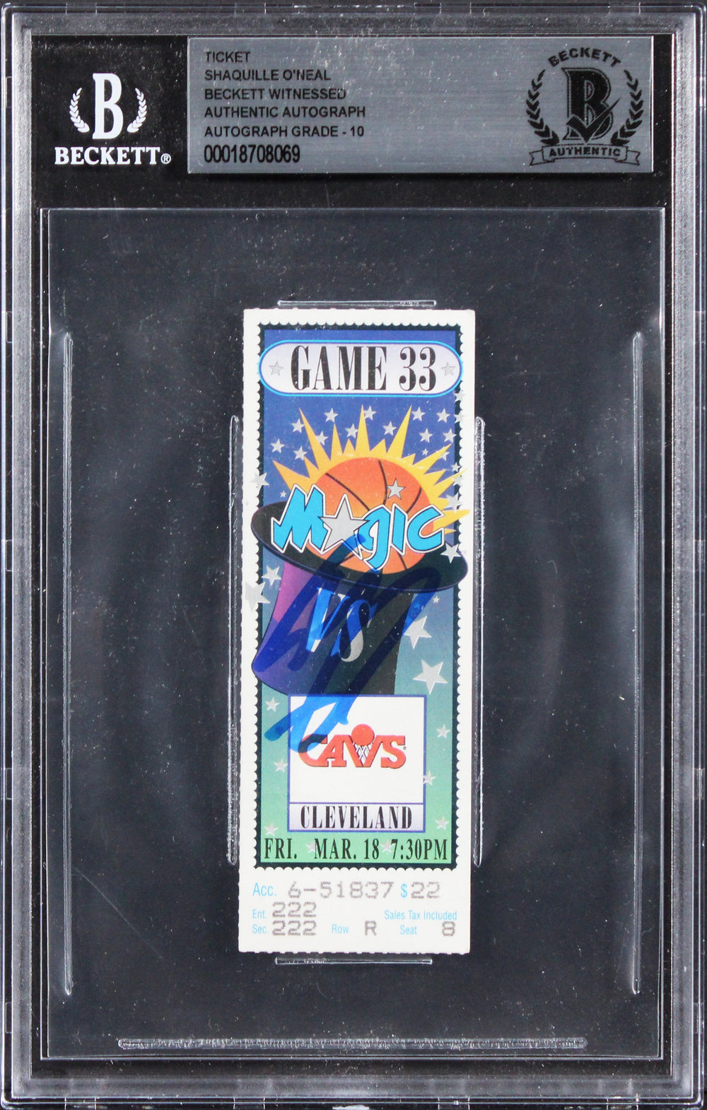 Shaquille O'Neal Signed 1993 Magic VS Cavs Ticket Stub Card Auto 10! BAS Slabbed