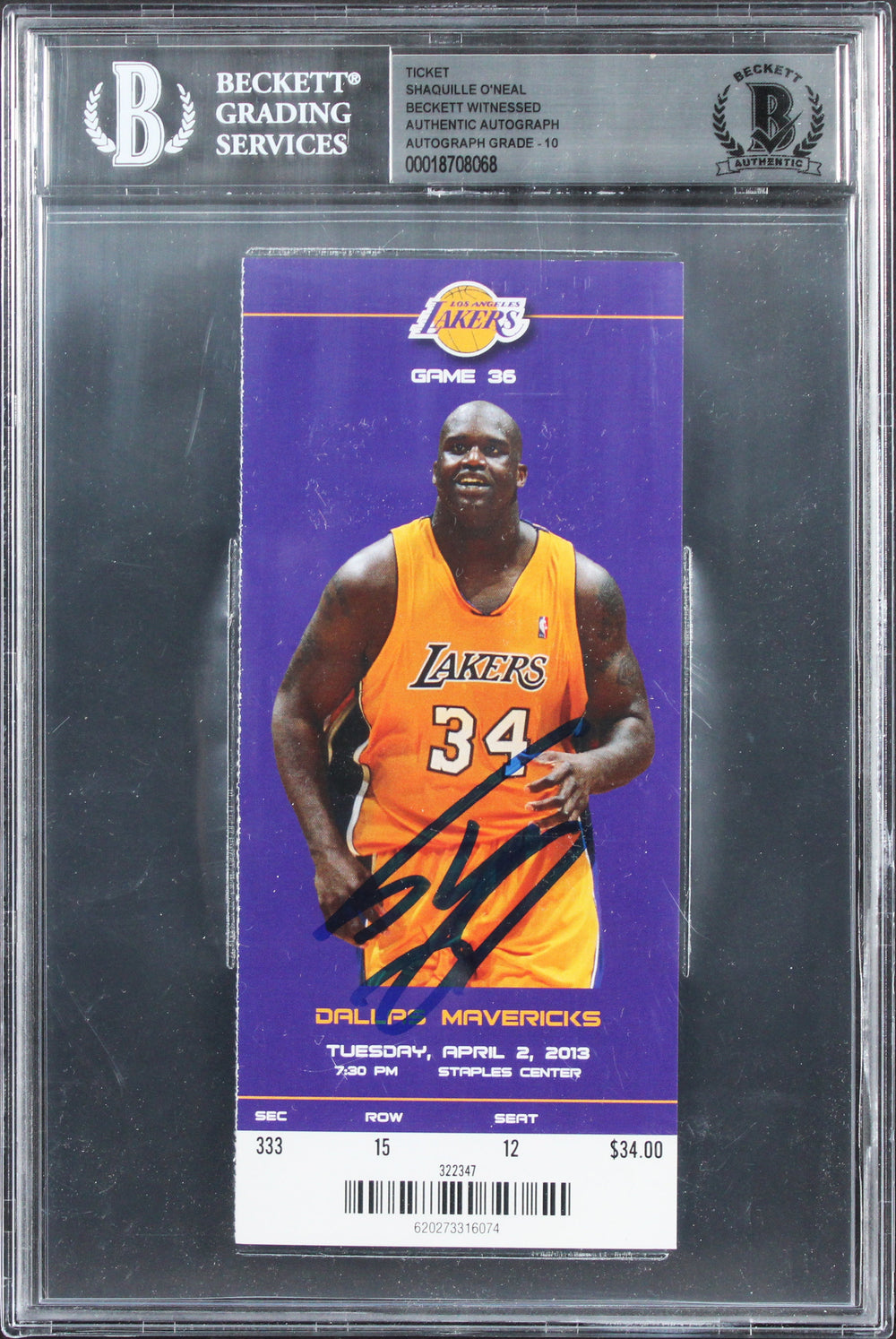 Shaquille O'Neal Signed 4/2/13 #34 Retirement Ticket Stub Card Auto 10! BAS Slab