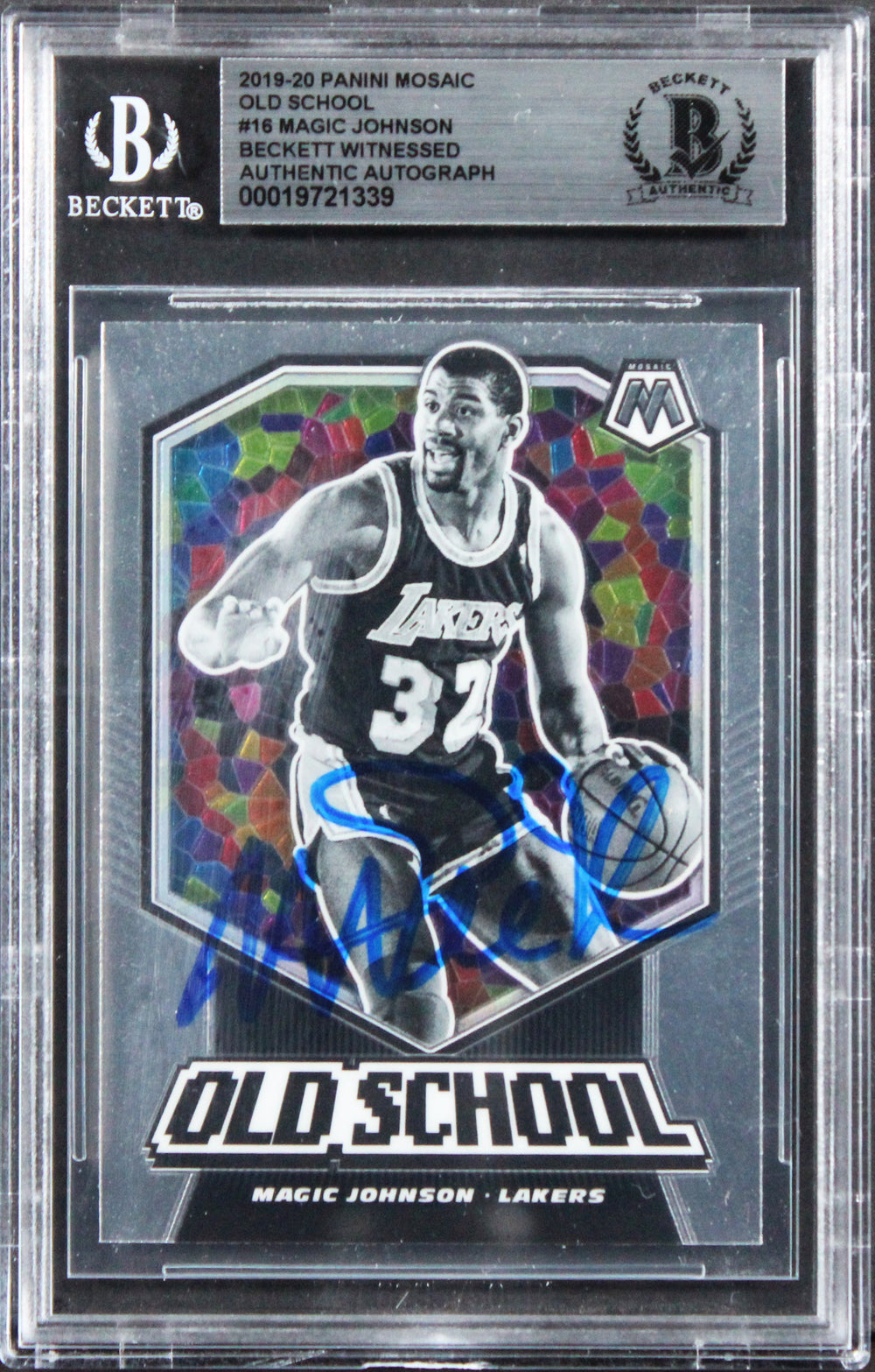 Lakers Magic Johnson Signed 2019 Panini Mosaic Old School #16 Card BAS Slabbed