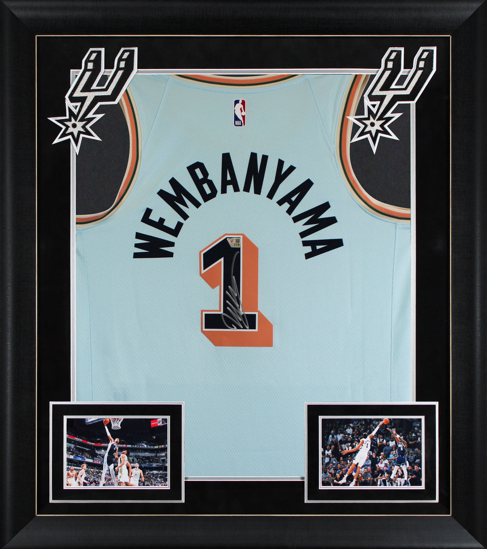 Spurs Victor Wembanyama Signed 2024 Blue Nike City Ed. Framed Jersey Fanatics