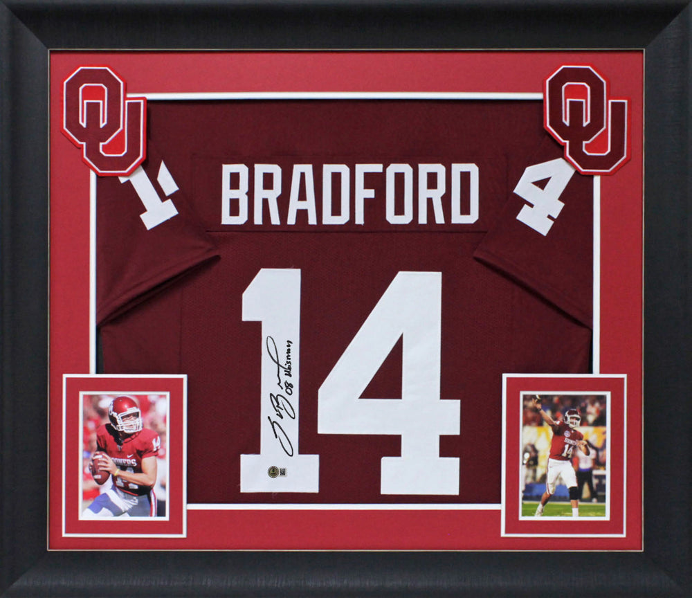 Oklahoma Sam Bradford "2008 Heisman" Signed Maroon Pro Style Framed Jersey BAS W