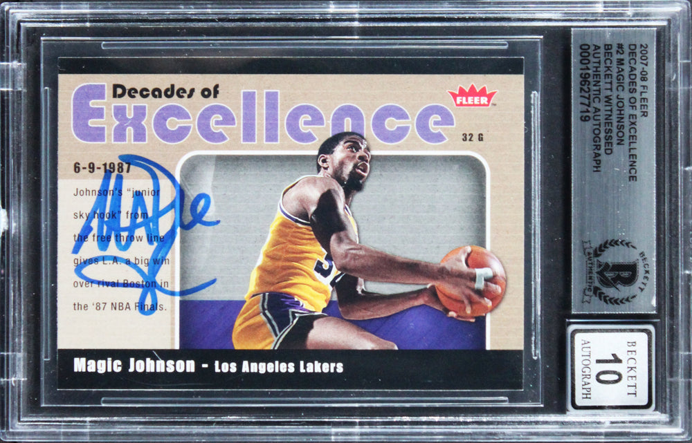 Lakers Magic Johnson Signed 2007 Fleer DOE #2 Card Auto Grade 10! BAS Slabbed