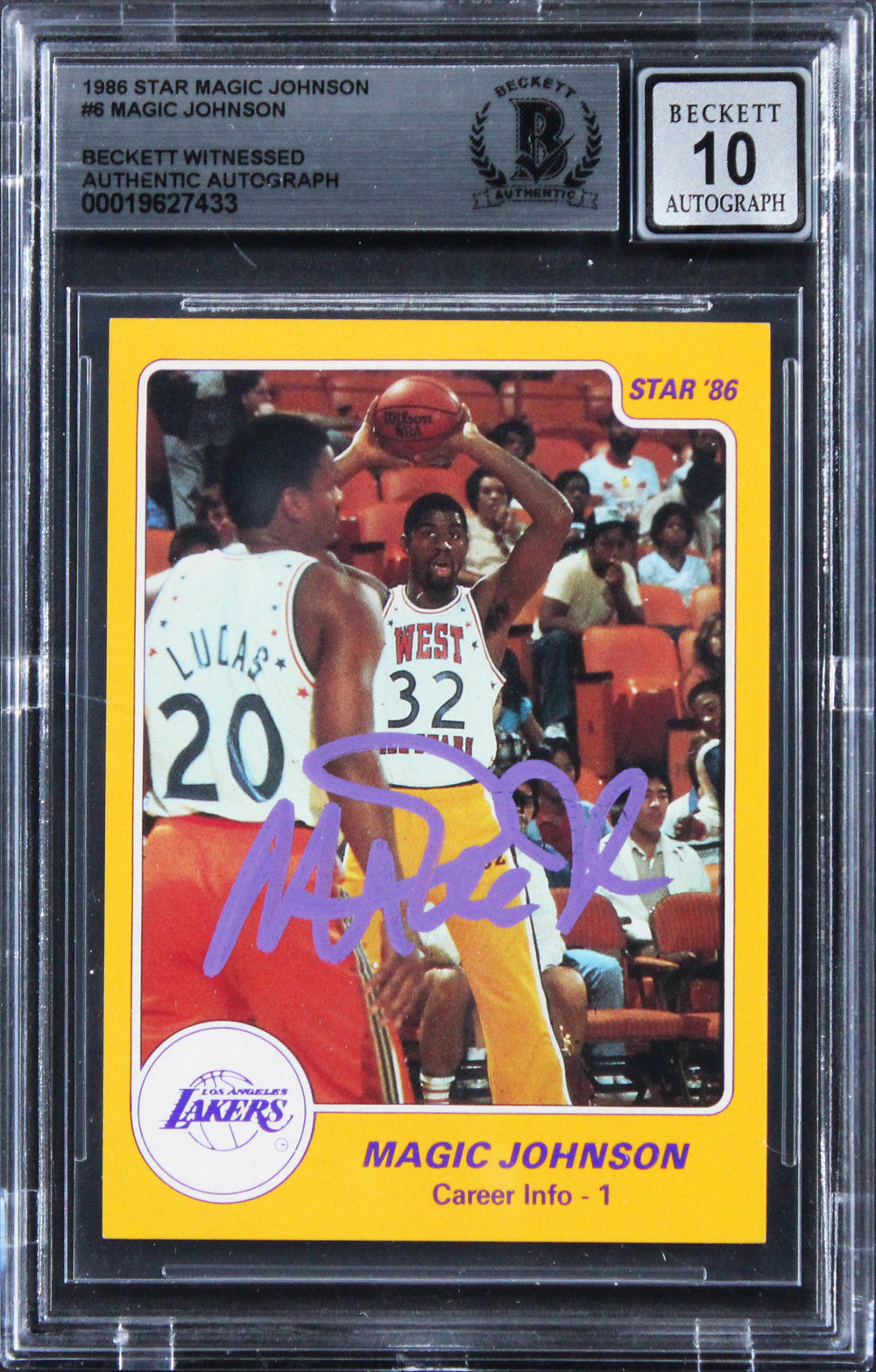 Lakers Magic Johnson Signed 1986 Star #6 Card Auto Grade Gem 10! BAS Slabbed