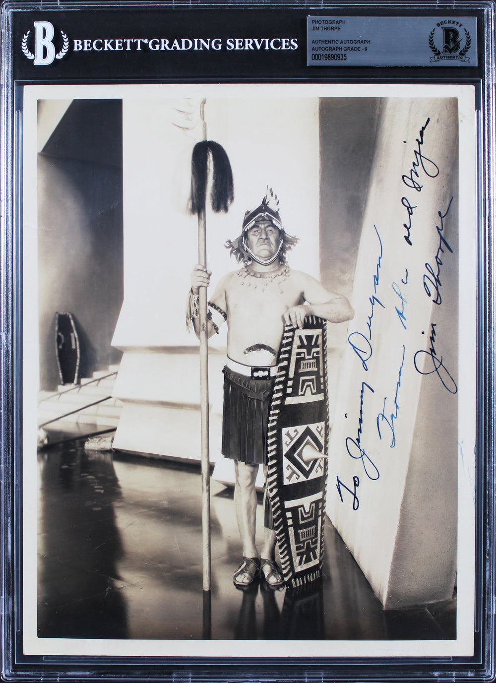 Jim Thorpe "To Jimmy Dugan" Signed 8x10 Photo Auto Graded Mint 9! BAS Slabbed