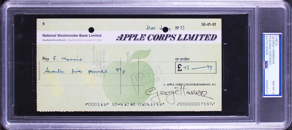 George Harrison The Beatles Signed 3.5x8 Apple Corps Check Auto 8 PSA/DNA Slab