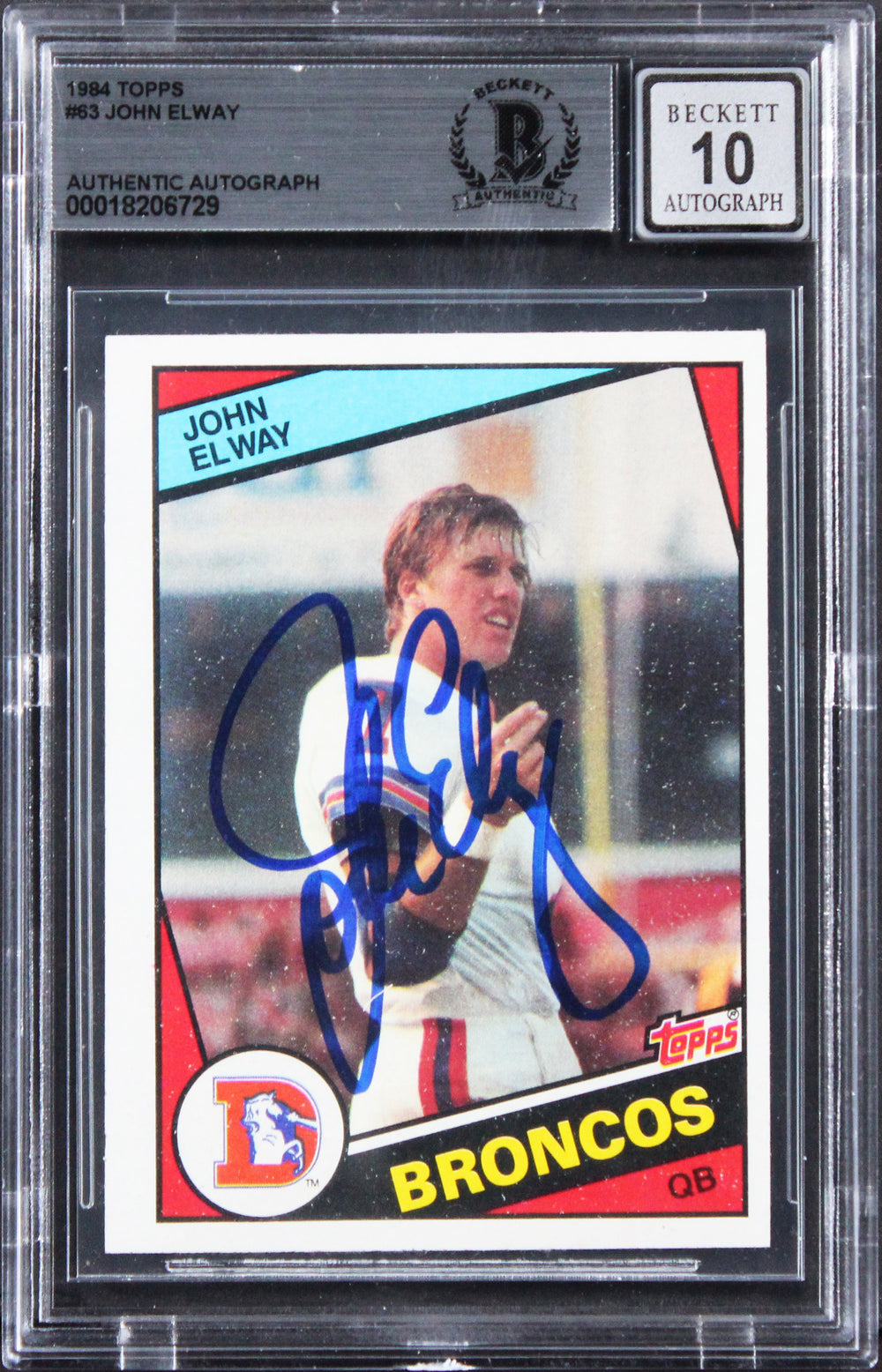 Broncos John Elway Signed 1984 Topps #63 Card Auto Grade Mint 10! BAS Slabbed 3