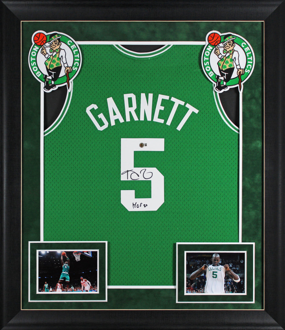 Celtics Kevin Garnett "HOF 20" Signed Green M&N HWC Swingman Framed Jersey BAS W