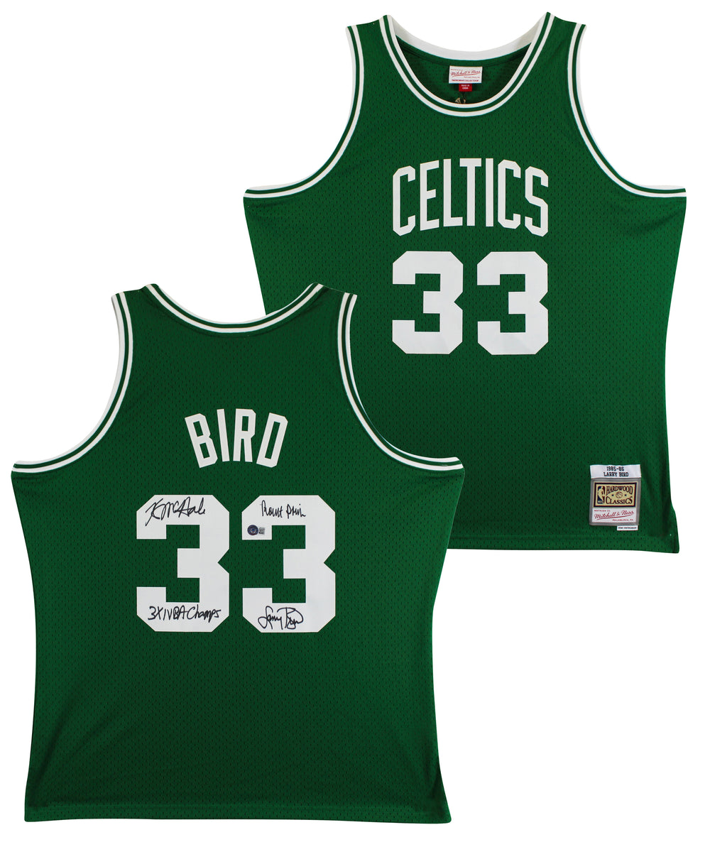 Celtics (3) Bird, Parish & McHale Signed Green M&N Swingman Jersey BAS Witnessed