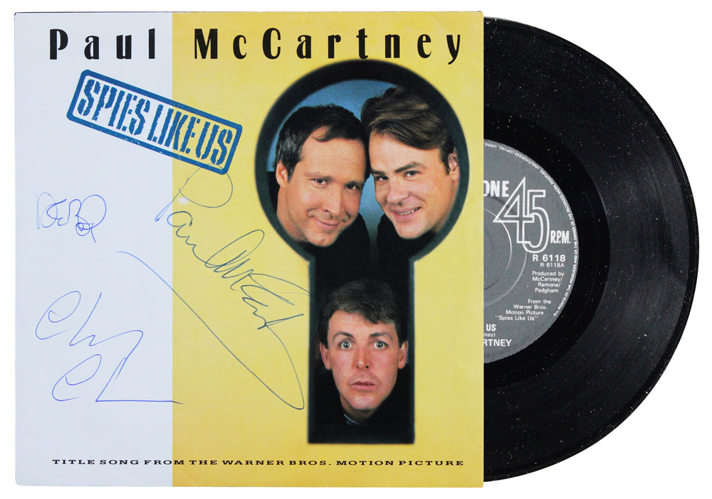 Spies Like Us (3) McCartney, Chase & Aykroyd Signed 45 RPM Album Cover BAS LOA