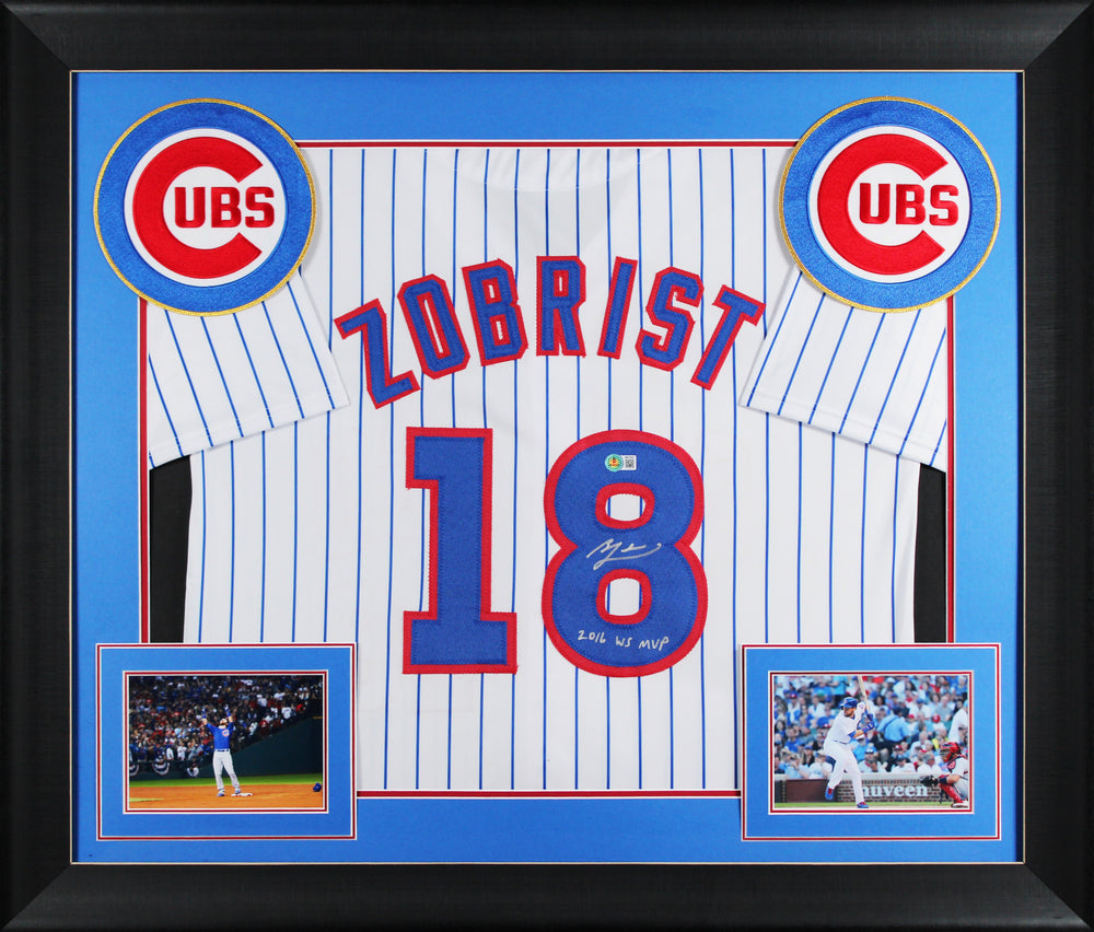 Ben Zobrist "16 WS MVP" Signed White Pinstripe Pro Style Framed Jersey BAS