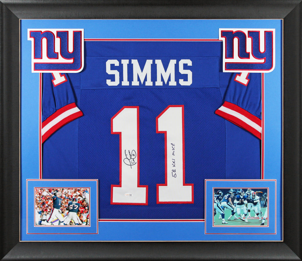 Phil Simms "SB XXI MVP" Signed Blue Pro Style Framed Jersey JSA Witness