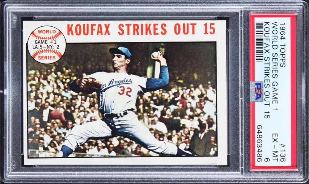 Dodgers Sandy Koufax 1964 Topps WS Game 1 #136 Card EX-MT 6! PSA/DNA Slabbed