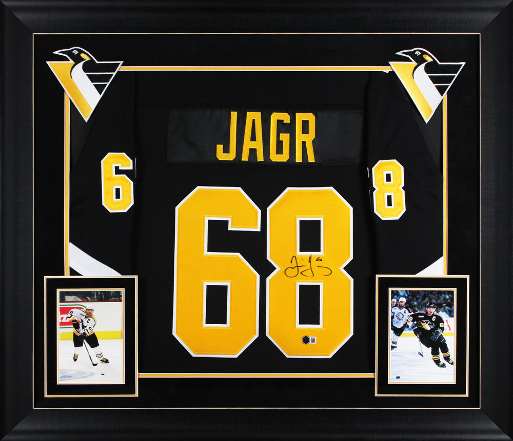 Penguins Jaromir Jagr Signed Black Fanatics Breakaway Framed Jersey BAS Witness