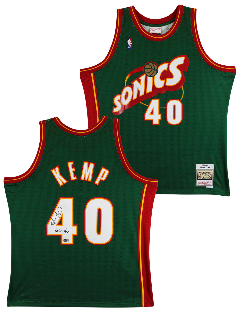 Sonics Shawn Kemp "Reign Man" Signed Green M&N 1995-96 HWC Swingman Jersey BAS W