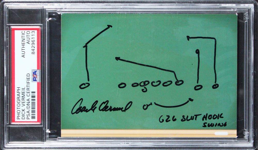 Dick Vermeil "Slot Hook Swing" Signed 3.5x5 Photo w/ Hand Drawn Play PSA Slabbed