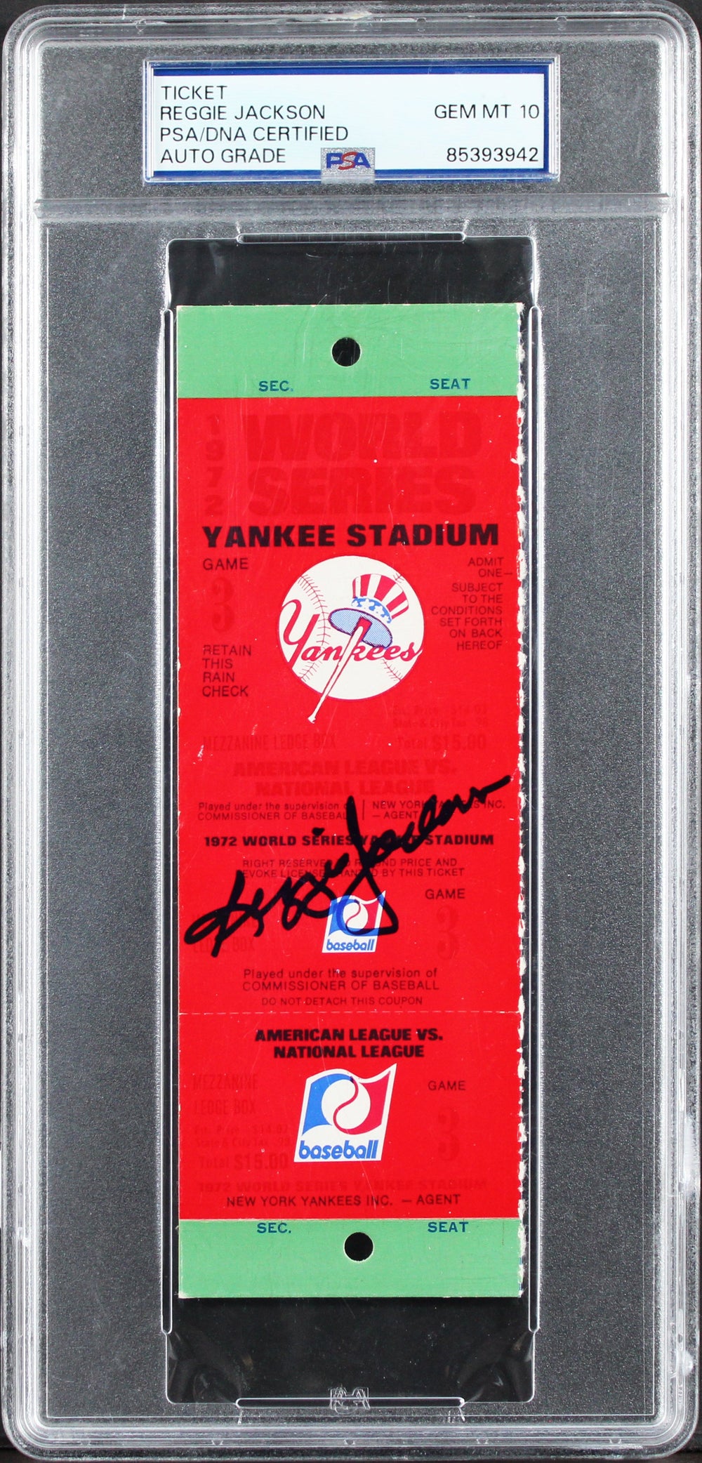 Athletics Reggie Jackson 1972 WS Game 3 Full Ticket Auto 10! PSA/DNA Slabbed