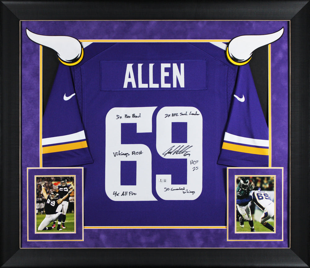 Vikings Jared Allen "6x Insc" Signed Purple Nike Limited Framed Jersey BAS Wit