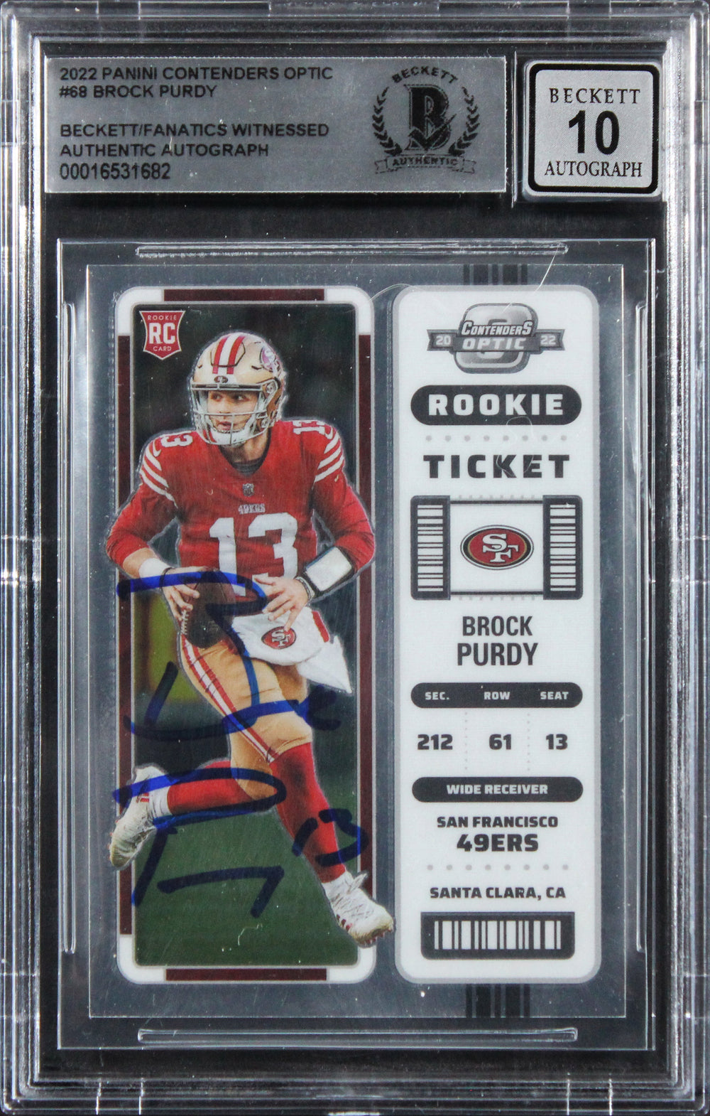 49ers Brock Purdy Signed 2022 Panini Contenders #68 RC Card Auto 10! BAS Slabbed
