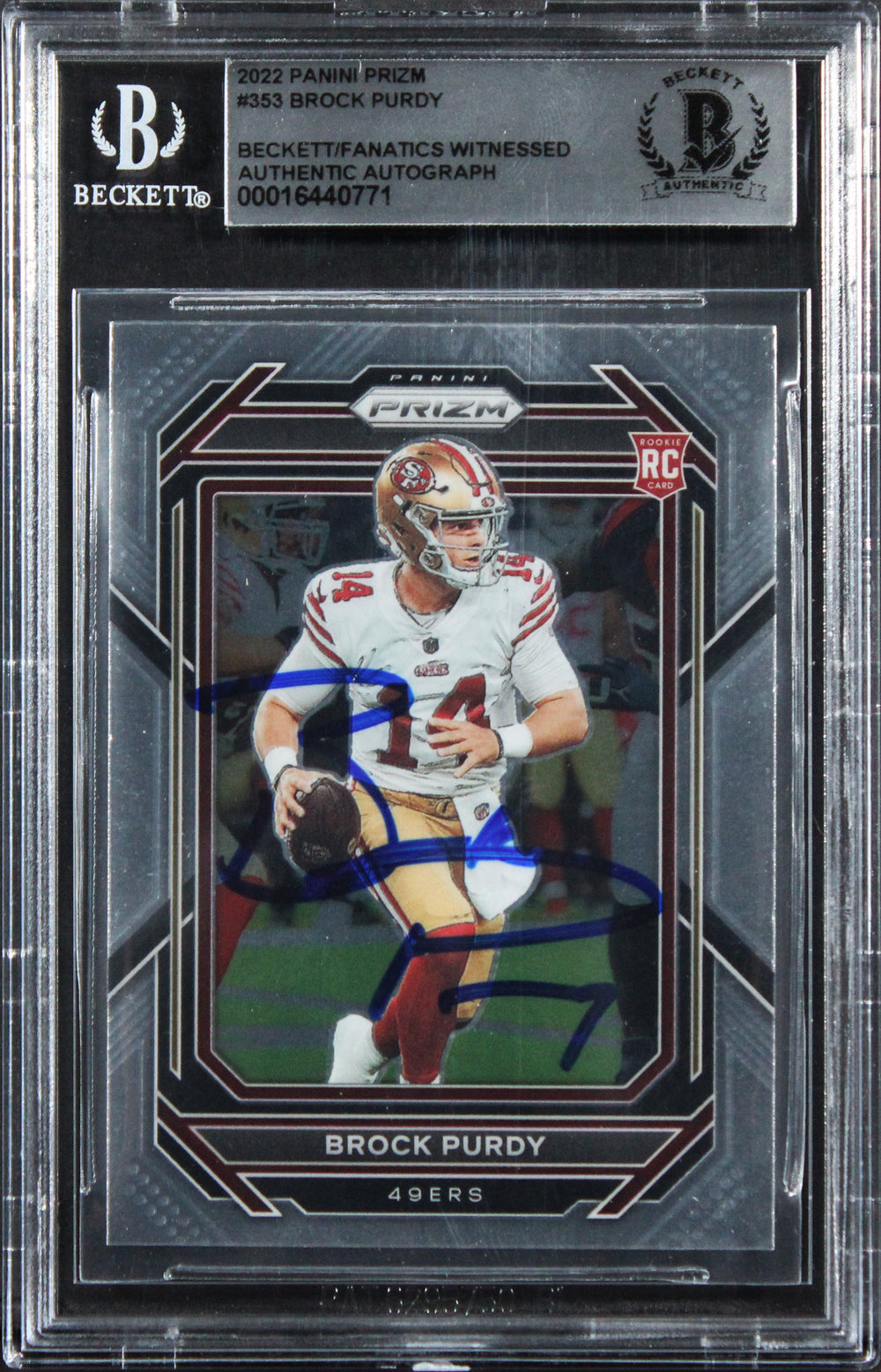 49ers Brock Purdy 2022 Panini Prizm #353 Rookie Card Autographed BAS Slabbed