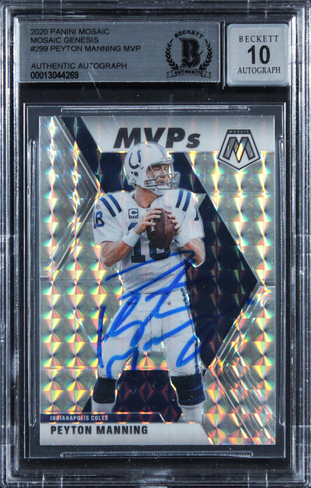 Colts Peyton Manning Signed 2020 Panini Mosaic #299 Card Auto 10! BAS Slabbed