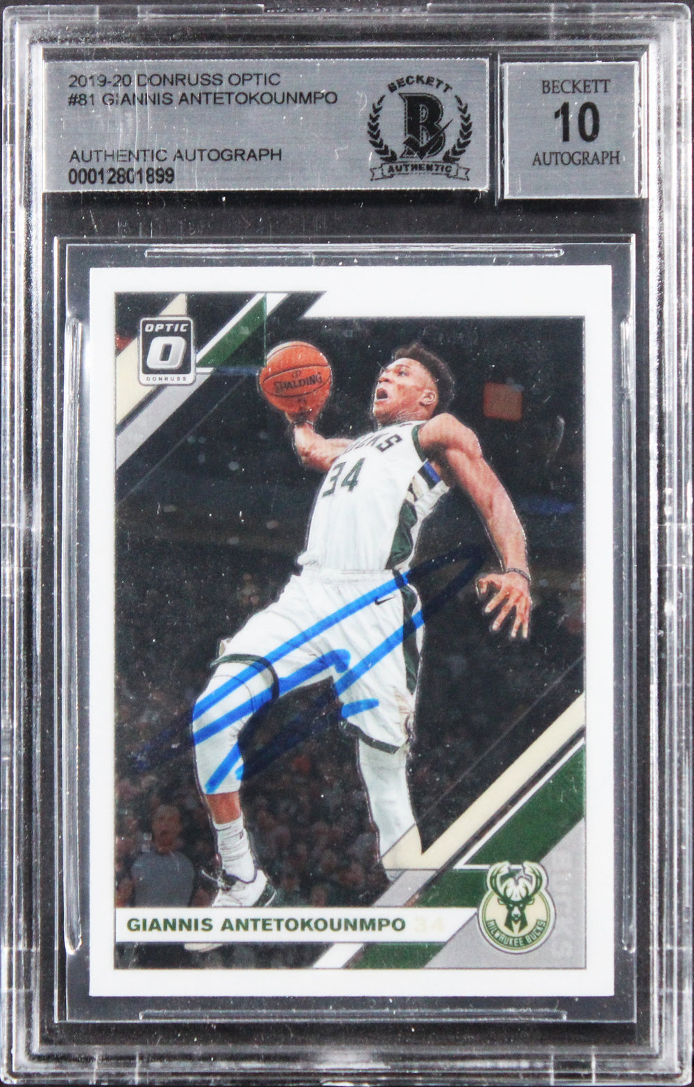 Bucks Giannis Antetokounmpo Signed 2019 Donruss Optic #81 Card Auto 10! BAS Slab