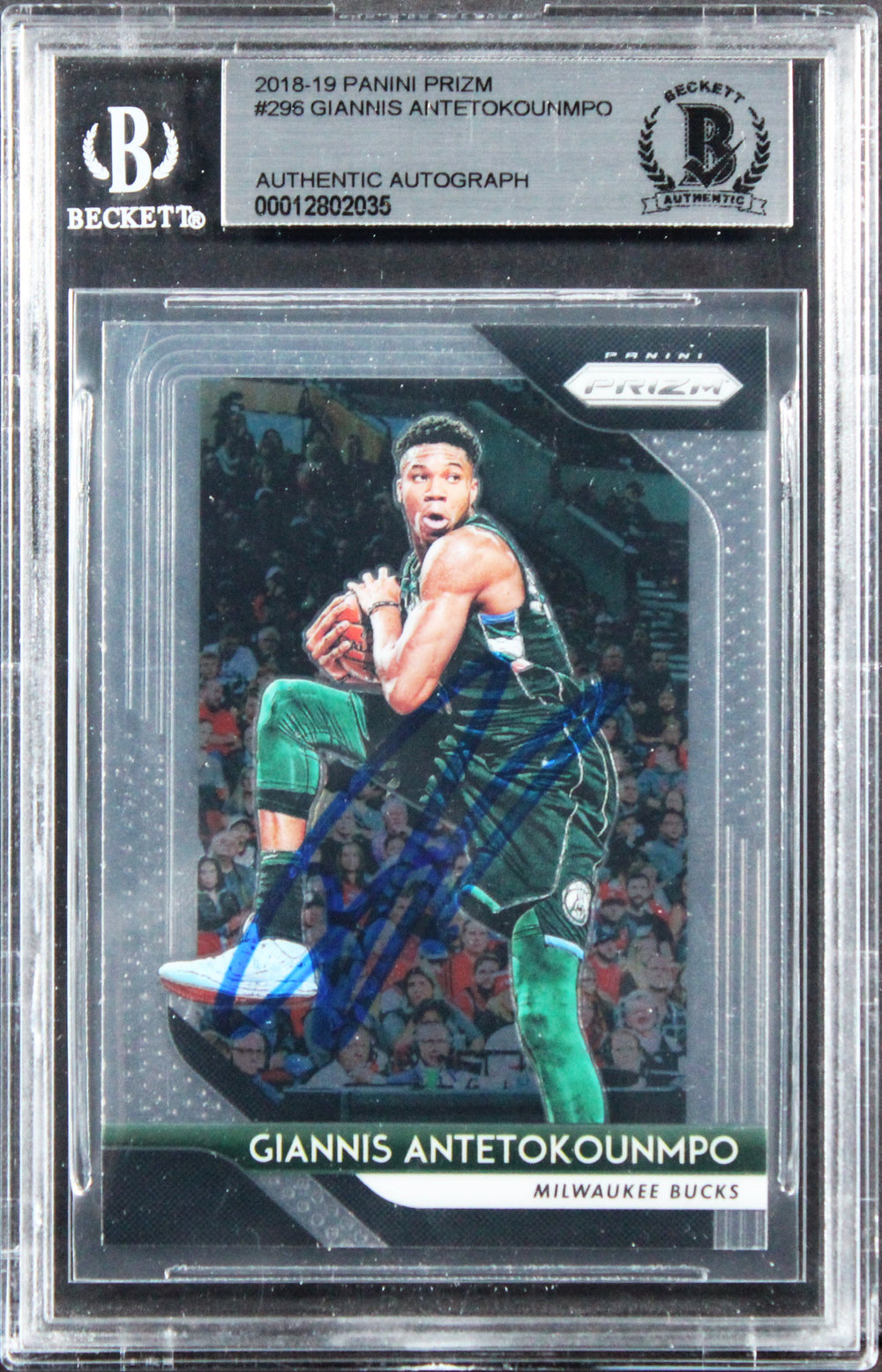 Bucks Giannis Antetokounmpo Signed 2018 Panini Prizm #296 Card BAS Slabbed