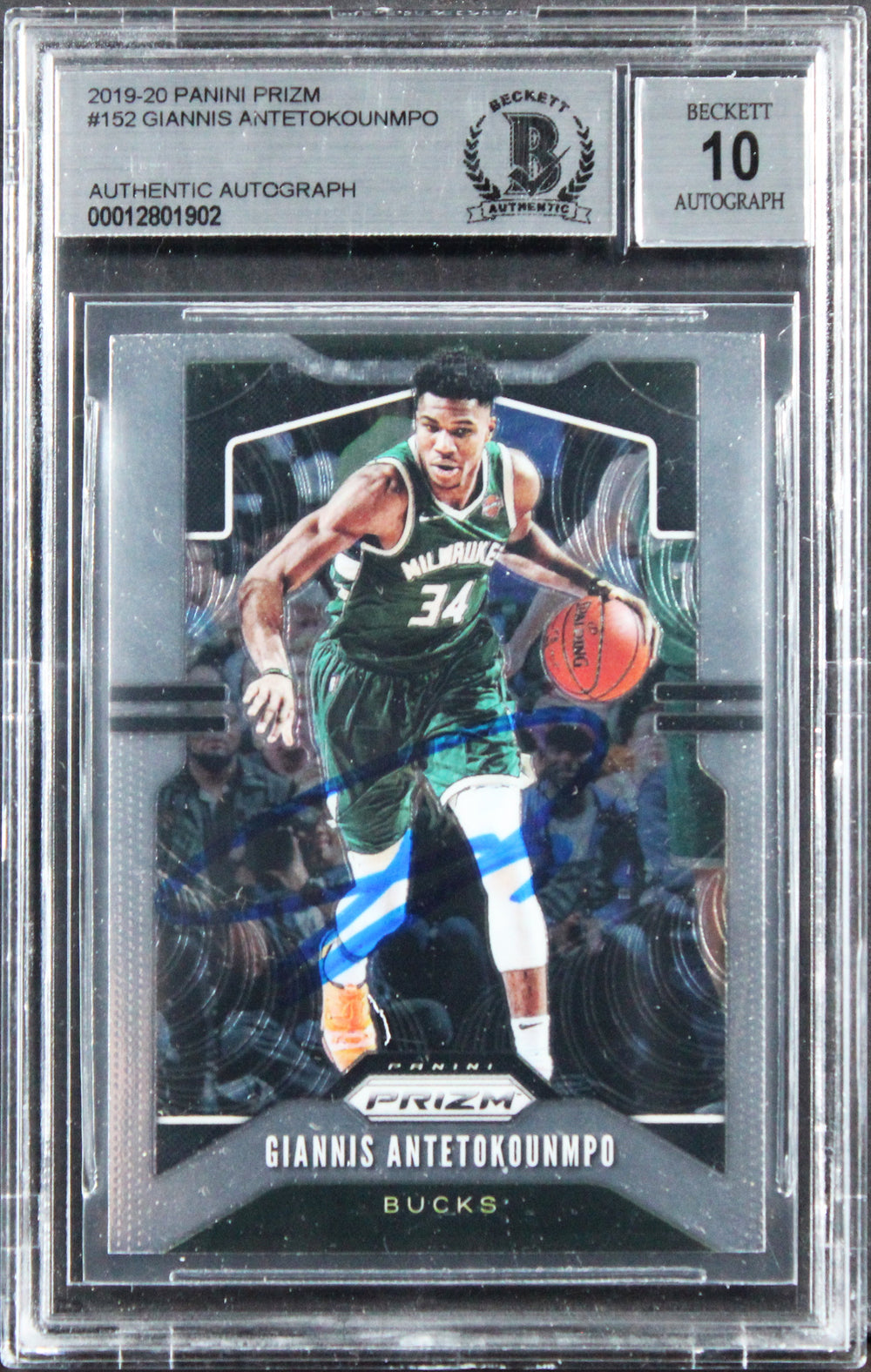Bucks Giannis Antetokounmpo Signed 2019 Panini Prizm #152 Card Auto 10! BAS Slab