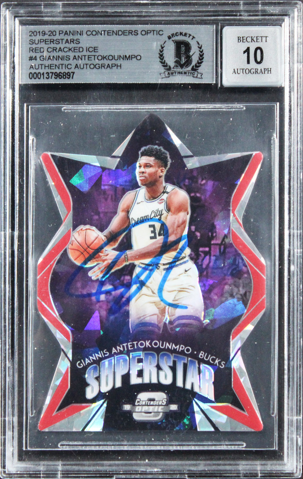 Bucks Giannis Antetokounmpo Signed 2019 Panini #4 Card Auto Grade 10! BAS Slab