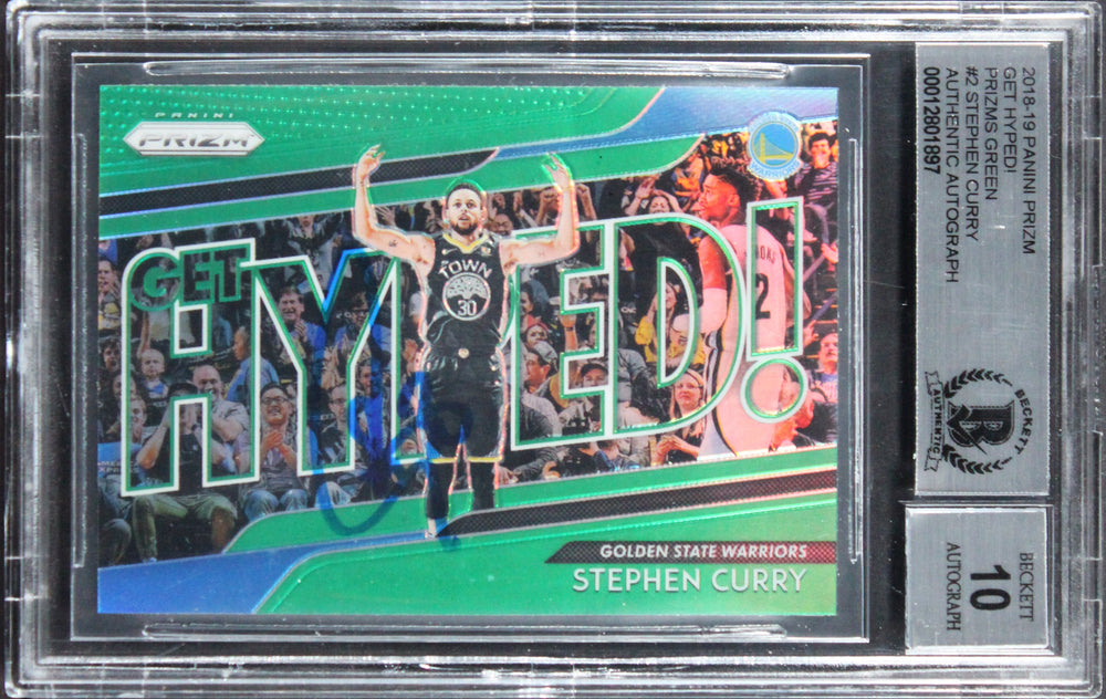 Warriors Stephen Curry Signed 2018 Panini Prizm Green #2 Card Auto 10! BAS Slab