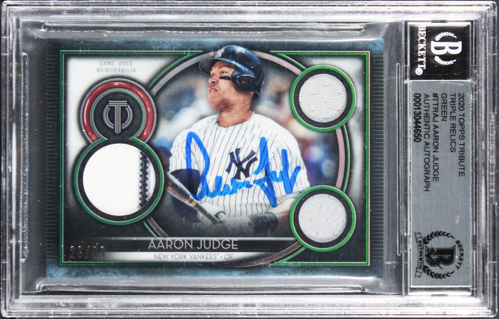 Yankees Aaron Judge Signed 2020 Topps Tribute Triple Relics #TTRAJ Card BAS Slab