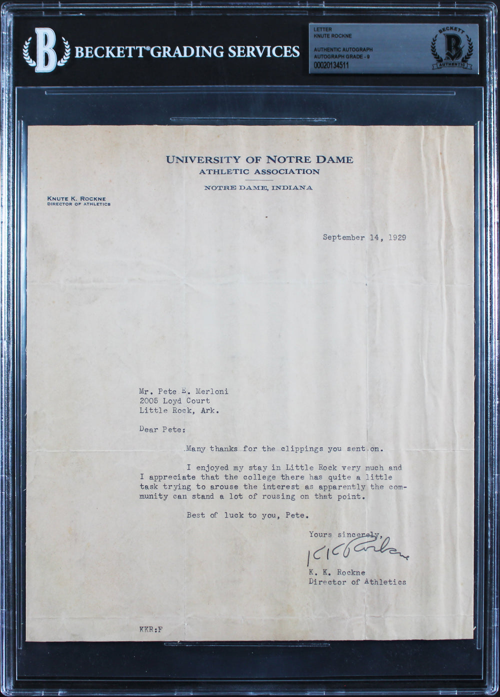 Notre Dame Knute Rockne Authentic Signed 8x9 1929 Letter Auto Graded 9! BAS Slab