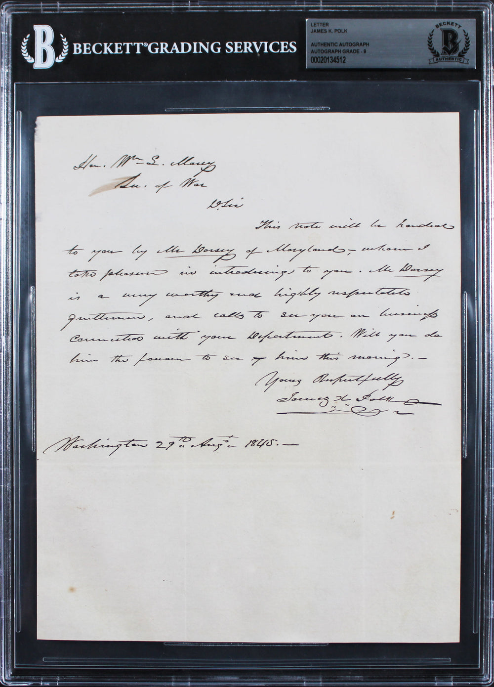 James K. Polk Signed 7.5x9.25 August 1845 Handwritten Letter Auto 9 BAS Slab
