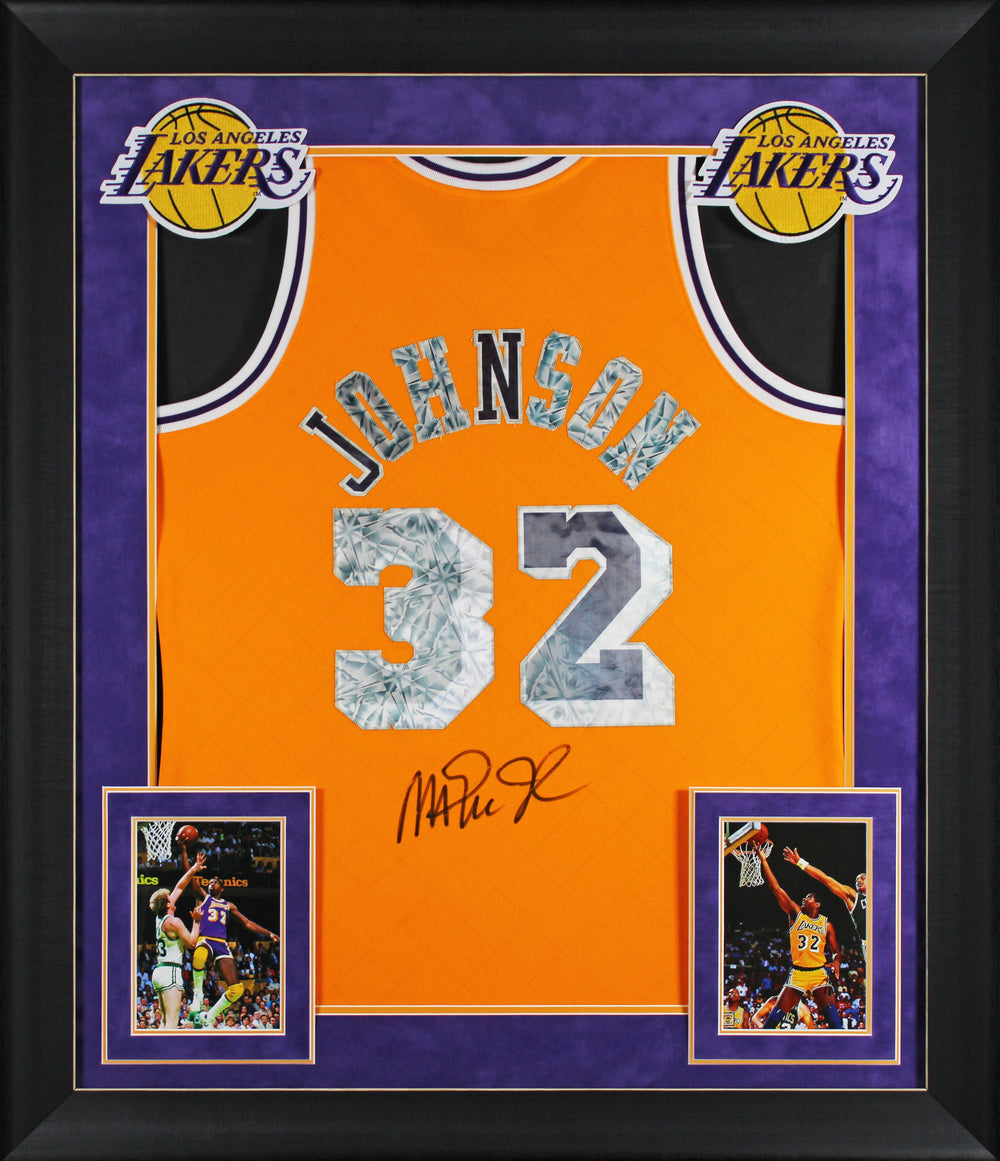 Magic Johnson Signed Yellow Diamond M&N 84-85 HWC Swingman Framed Jersey BAS Wit