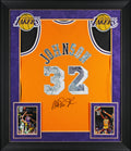 Magic Johnson Signed Yellow Diamond M&N 84-85 HWC Swingman Framed Jersey BAS Wit