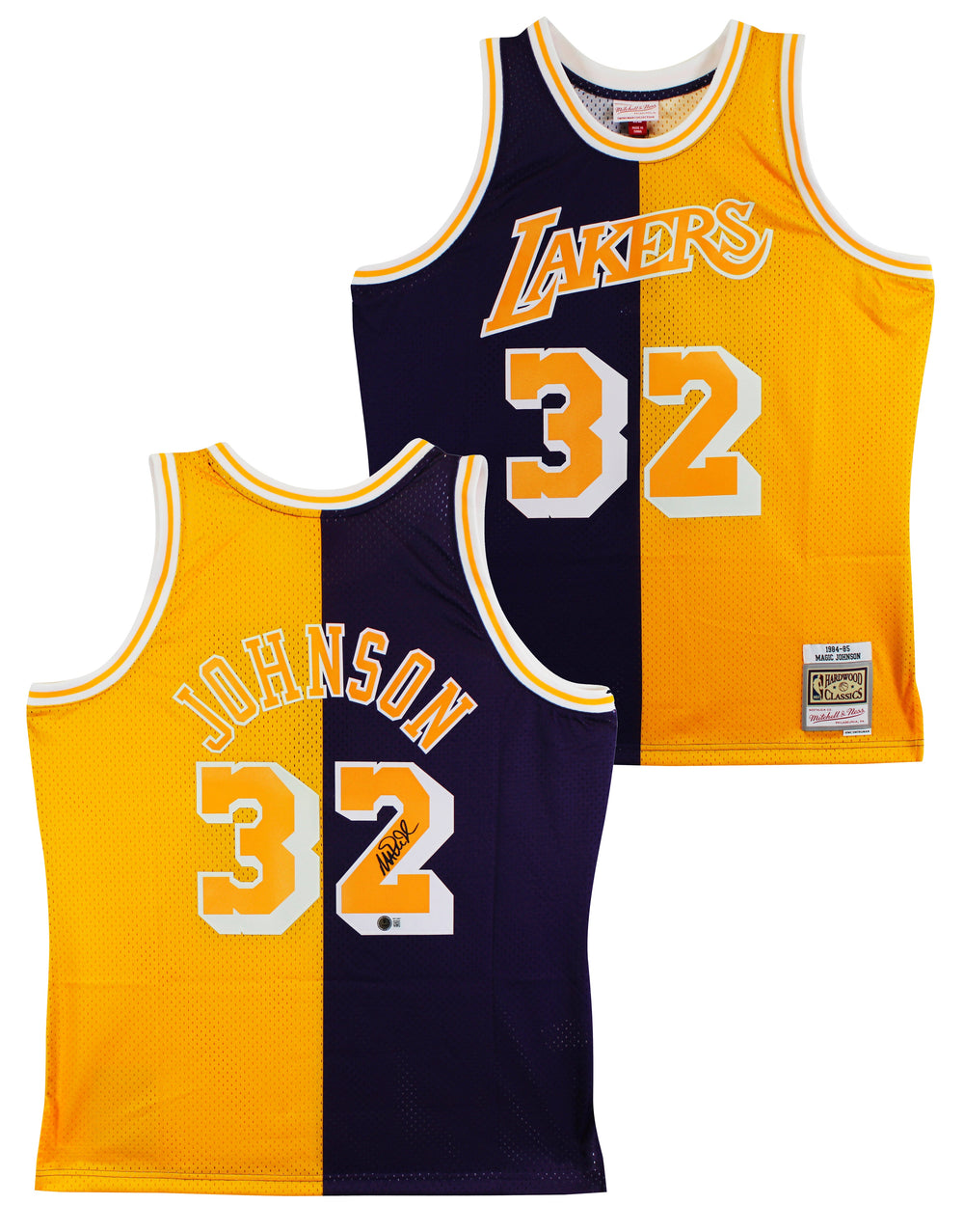 Lakers Magic Johnson Signed Purple & Yellow M&N 84-85 HWC Swingman Jersey BAS W