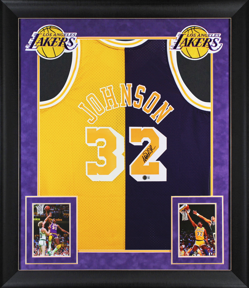 Magic Johnson Signed Purple & Yellow M&N 84-85 HWC Swingman Framed Jersey BAS W