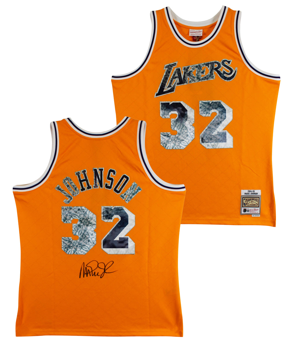 Lakers Magic Johnson Signed Yellow Diamond M&N 84-85 HWC Swingman Jersey BAS Wit