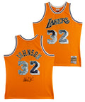 Lakers Magic Johnson Signed Yellow Diamond M&N 84-85 HWC Swingman Jersey BAS Wit