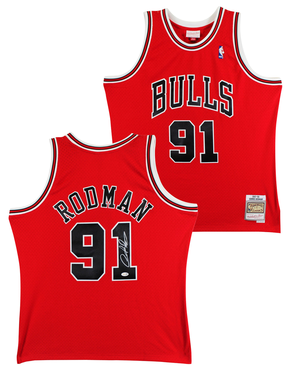 Bulls Dennis Rodman Signed Red Mitchell & Ness HWC Swingman Jersey JSA Witnessed