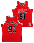 Bulls Dennis Rodman Signed Red Mitchell & Ness HWC Swingman Jersey JSA Witnessed
