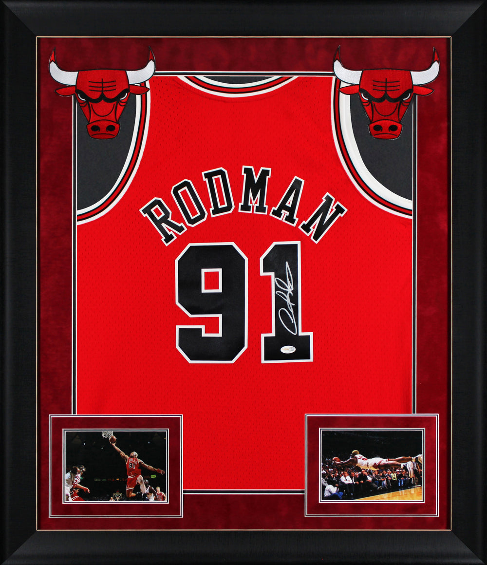 Bulls Dennis Rodman Signed Red M&N HWC Swingman Framed Jersey JSA Witness