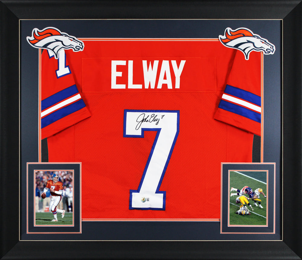 John Elway Signed Orange Throwback Pro Style Framed Jersey BAS Witnessed 2