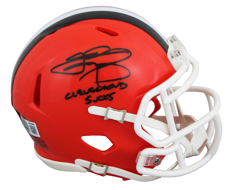 Browns Johnny Manziel "Cleveland Sucks" Signed 2024 Speed Mini Helmet BAS Wit