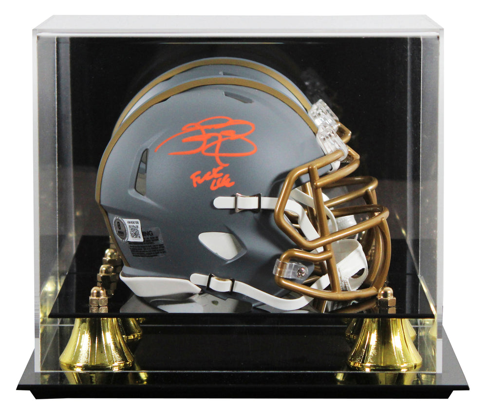 Browns Johnny Manziel "F*** CLE" Signed Slate Speed Mini Helmet W/ Case BAS Wit